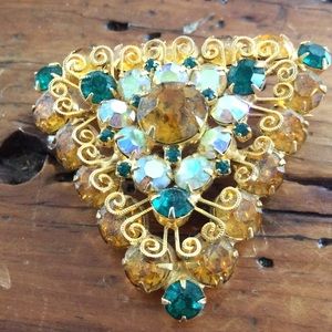 Vintage Chunky Rhinestone Swirls Goldtone Brooch